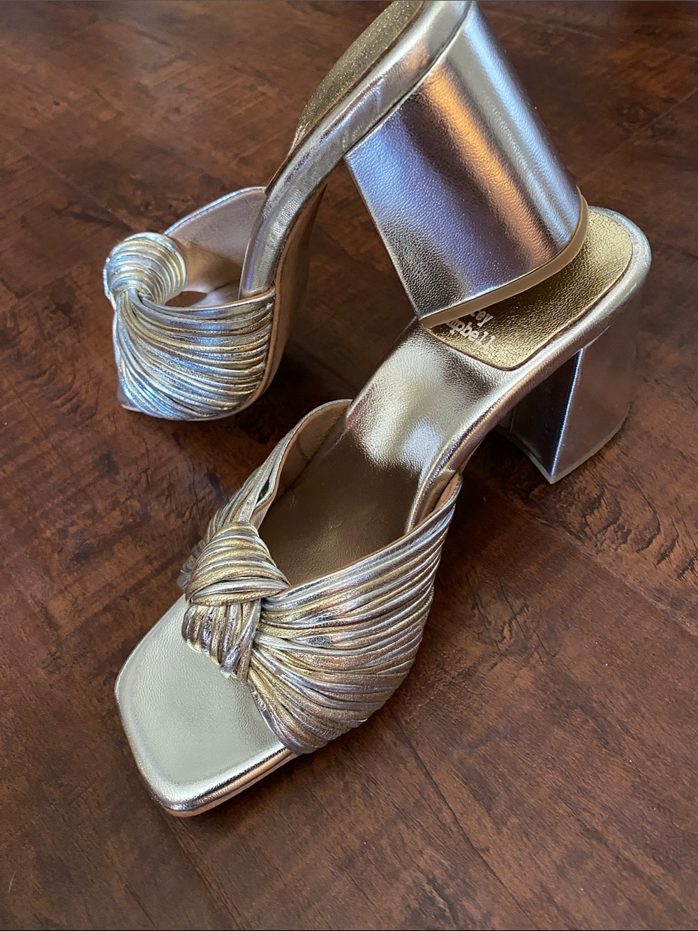 Jeffrey Campbell Metallic Silver-Gold Knot Slide blocked Heels size 7.5